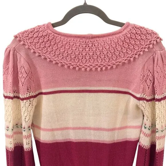 Vintage Ricki Knit Pointelle Tulip Cottagecore Coquette Pink Sweater Sz Medium - Picture 6 of 10